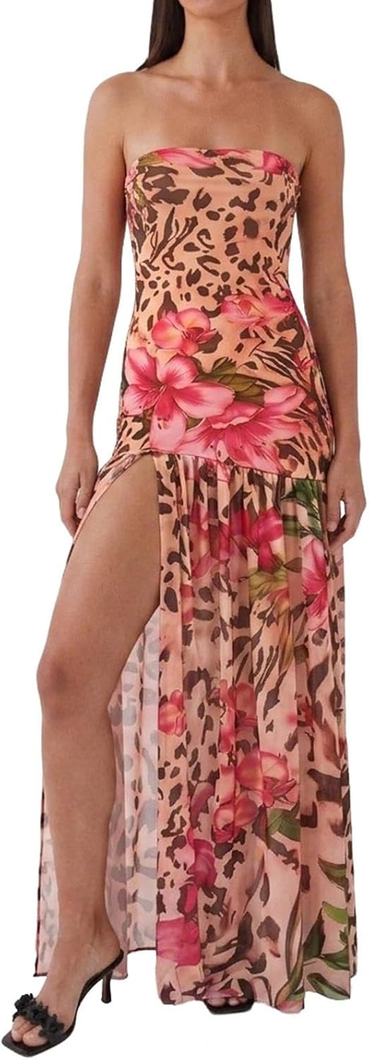 Women Tube Top Dress Tiger Stripe Mesh Patchwork Maxi Dress Strapless Sexy High Slit Long Dresses Beach Vacation