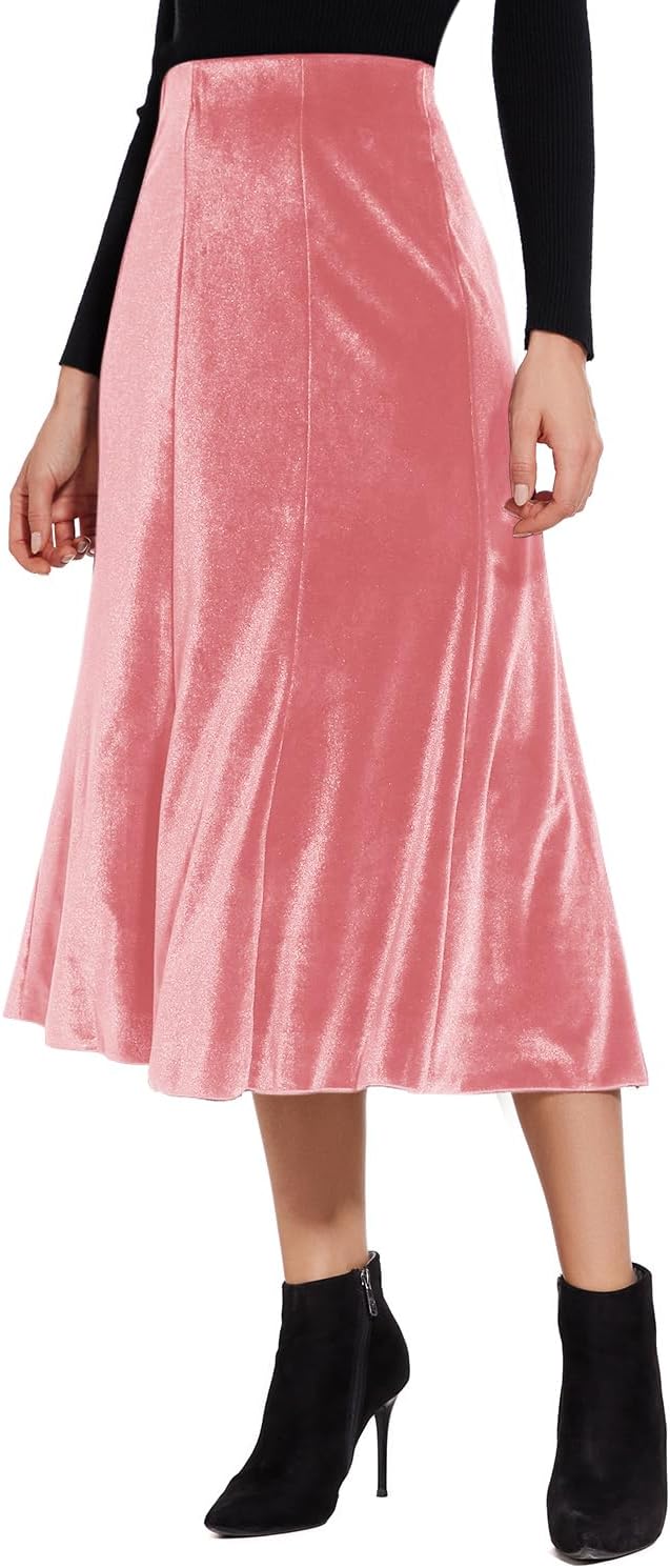 Women’s Elegant Vintage Velvet Midi Skirt Flowy 8-Panel Design