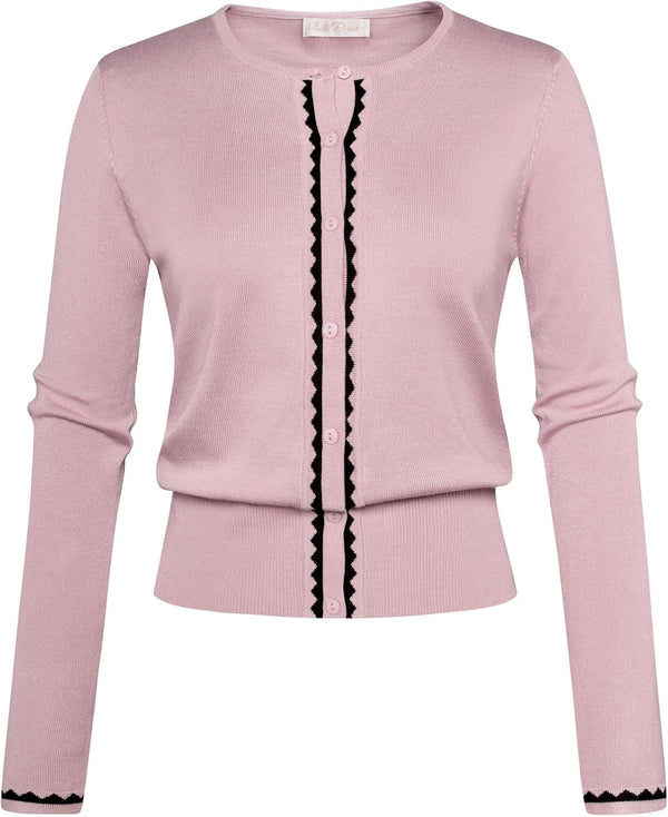 Women's Cardigan Sweater Color Block Long Sleeve Crew Neck Knit Cardigan Trendy Cropped Cardigan Shrug