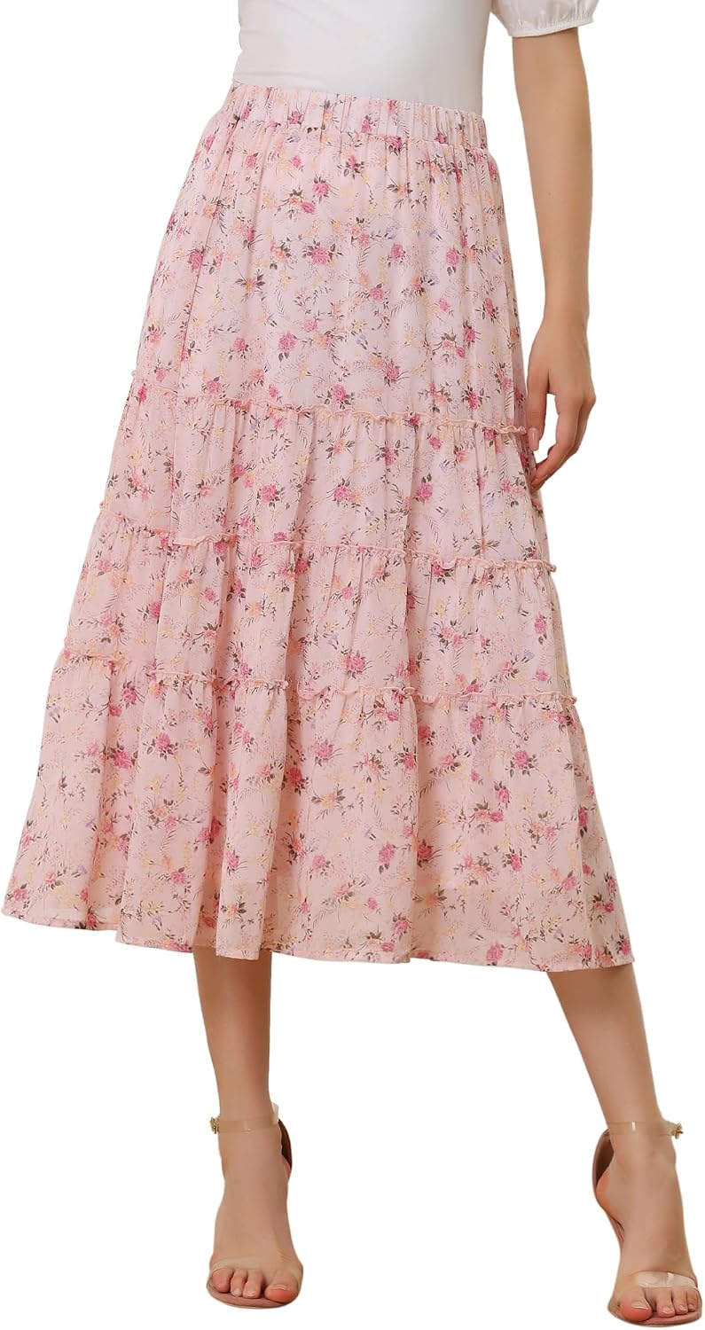 Allegra K Women's Floral Skirt Chiffon A-line Long Tiered Ruffle Maxi Skirt