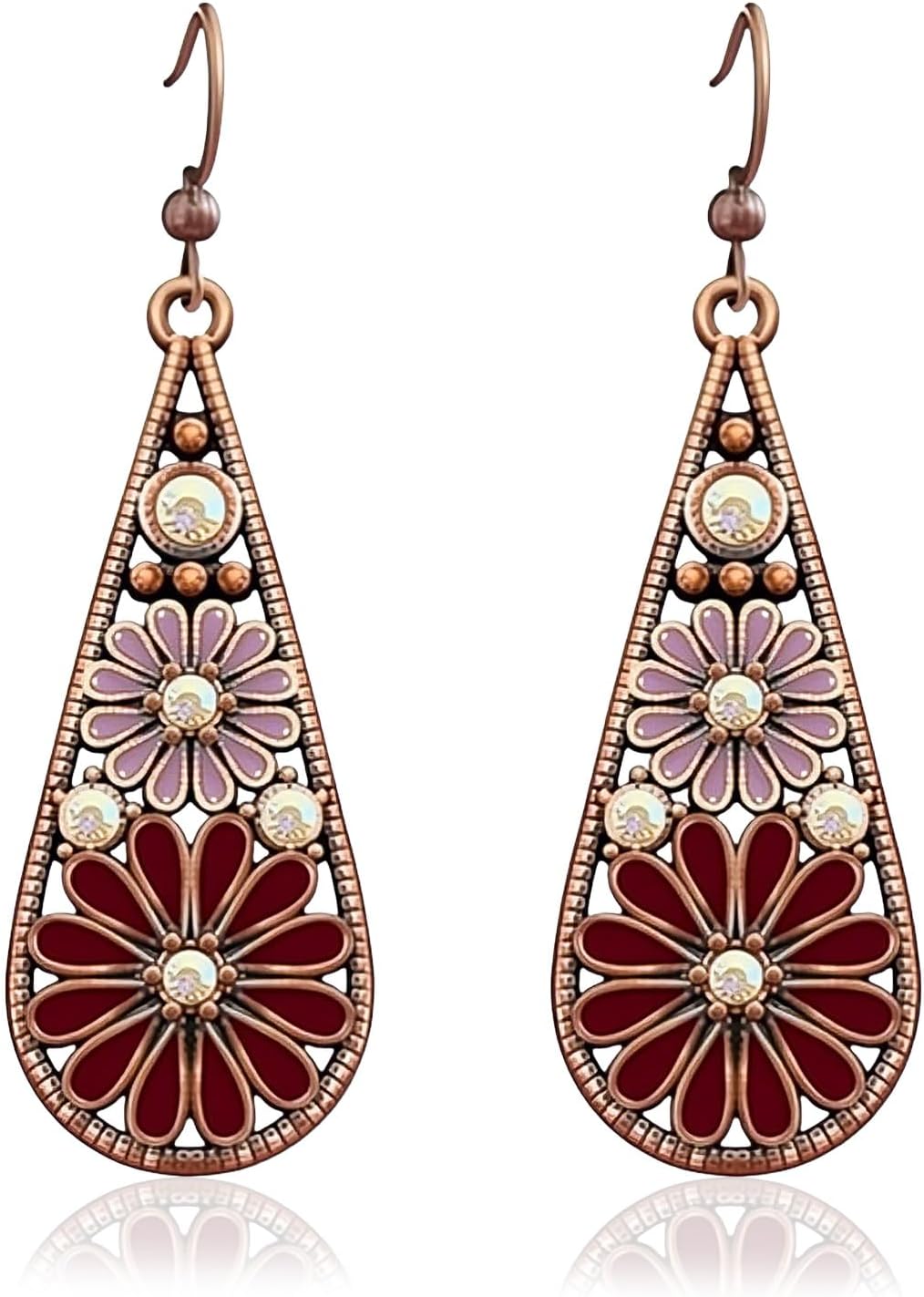 Olive Green Crystal Teardrop Floral Boho Earrings