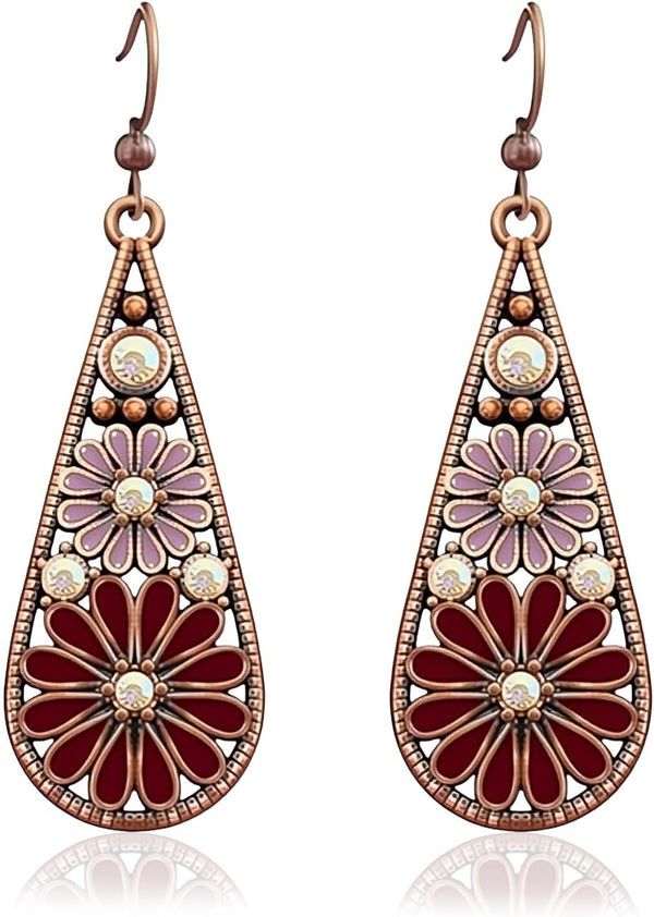 Olive Green Crystal Teardrop Floral Boho Earrings
