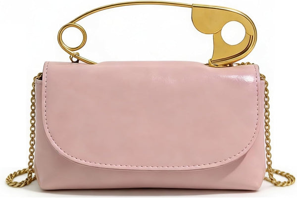 Women's Safety Pin Leather Crossbody Clutch with Gold Handles & Chain