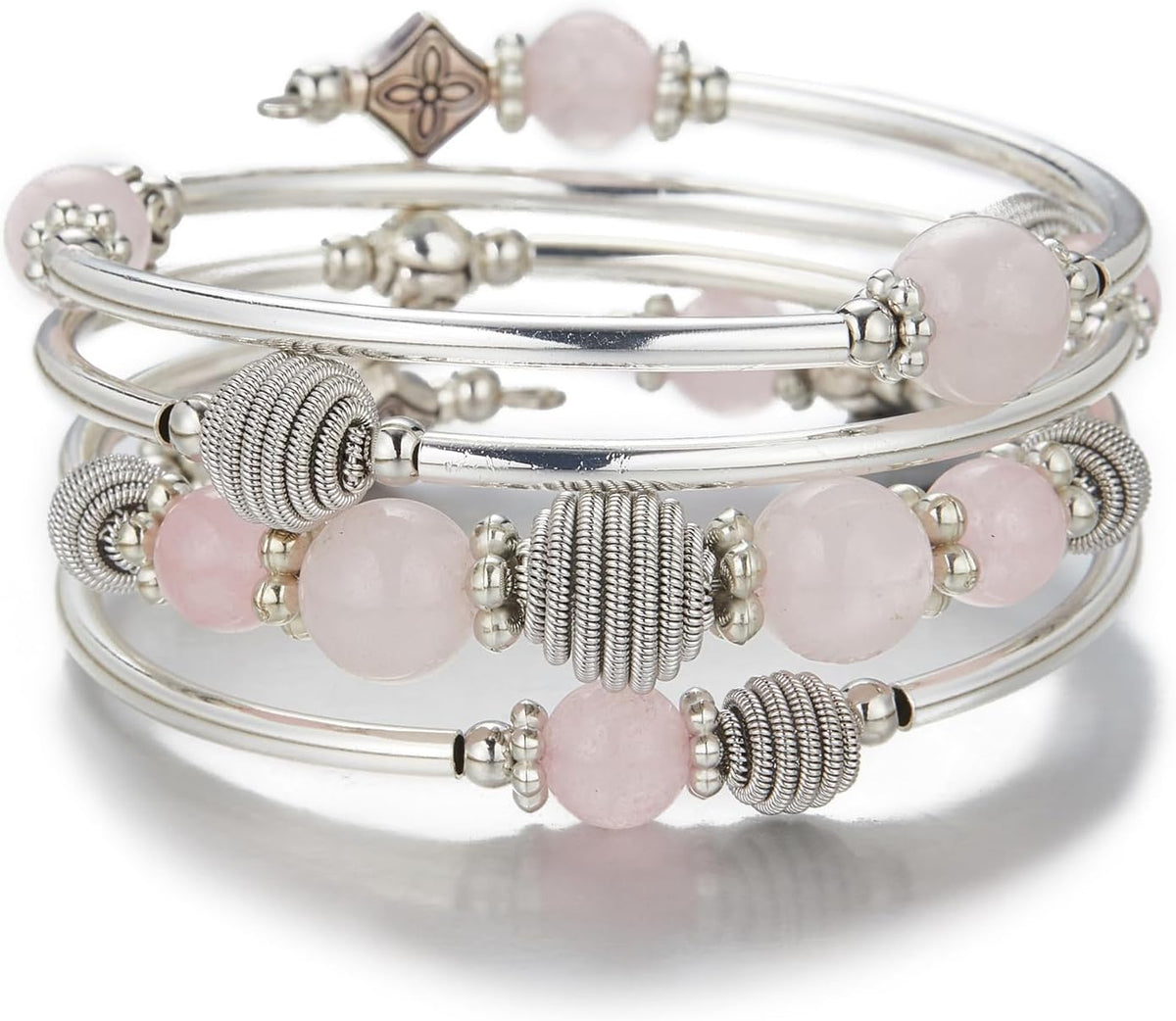 PEARL&CLUB Beaded Chakra Bangle Turquoise Bracelet - Fashion Jewelry Wrap Bracelet with Thick Silver Metal and Mala Beads, Birthday Gifts For Women