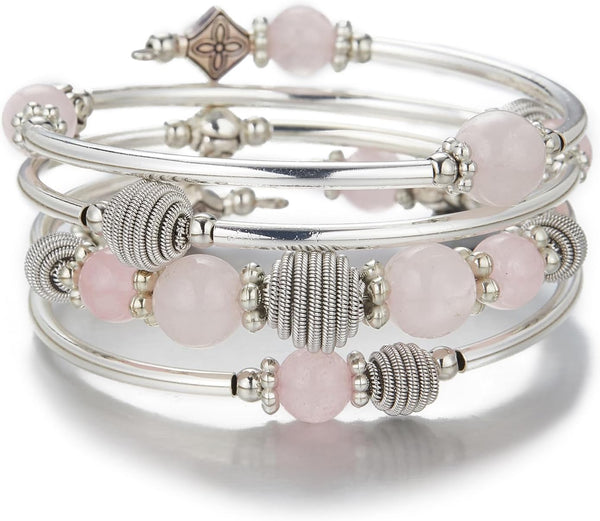 PEARL&CLUB Beaded Chakra Bangle Turquoise Bracelet - Fashion Jewelry Wrap Bracelet with Thick Silver Metal and Mala Beads, Birthday Gifts For Women