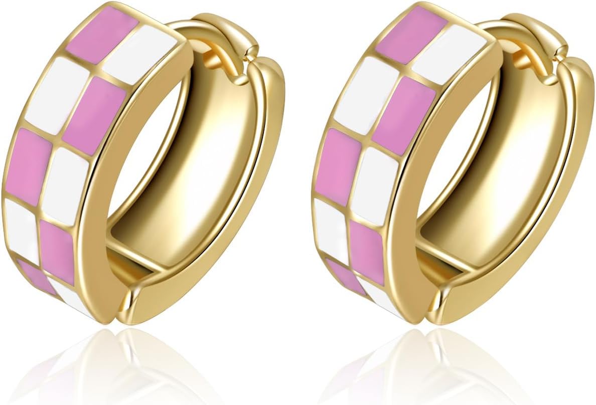 Checker Cartilage Hoops Teacher Earrings for Women White Black Enamel Gold