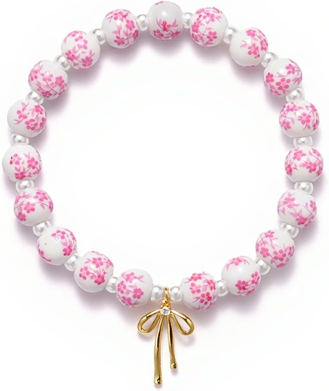 Beaded Bracelets for Women,Bow Charm Blue Flower Gold Plated Jewelry Women