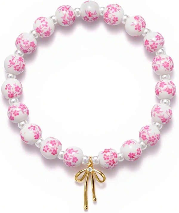 Beaded Bracelets for Women,Bow Charm Blue Flower Gold Plated Jewelry Women