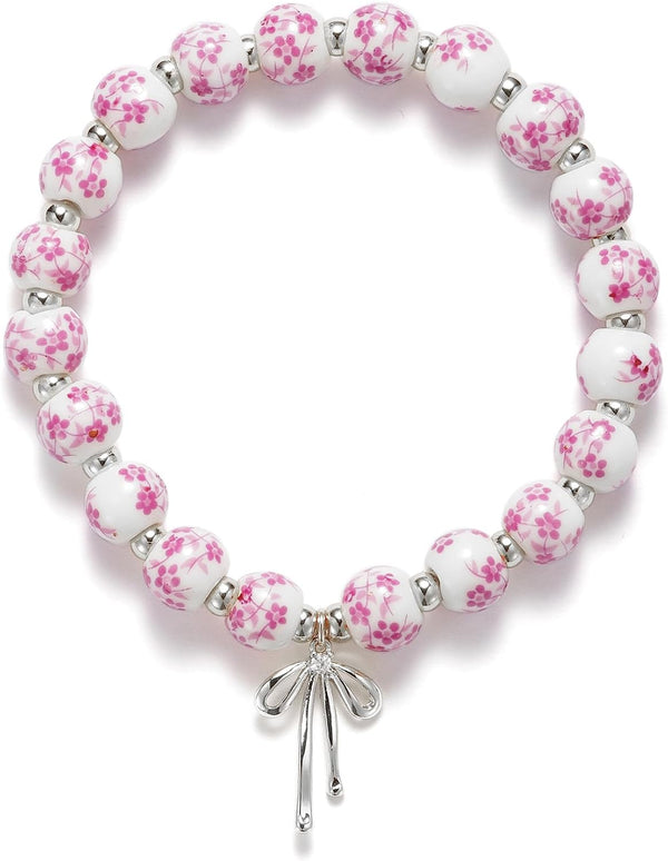Beaded Bracelets for Women,Bow Charm Blue Flower Gold Plated Jewelry Women