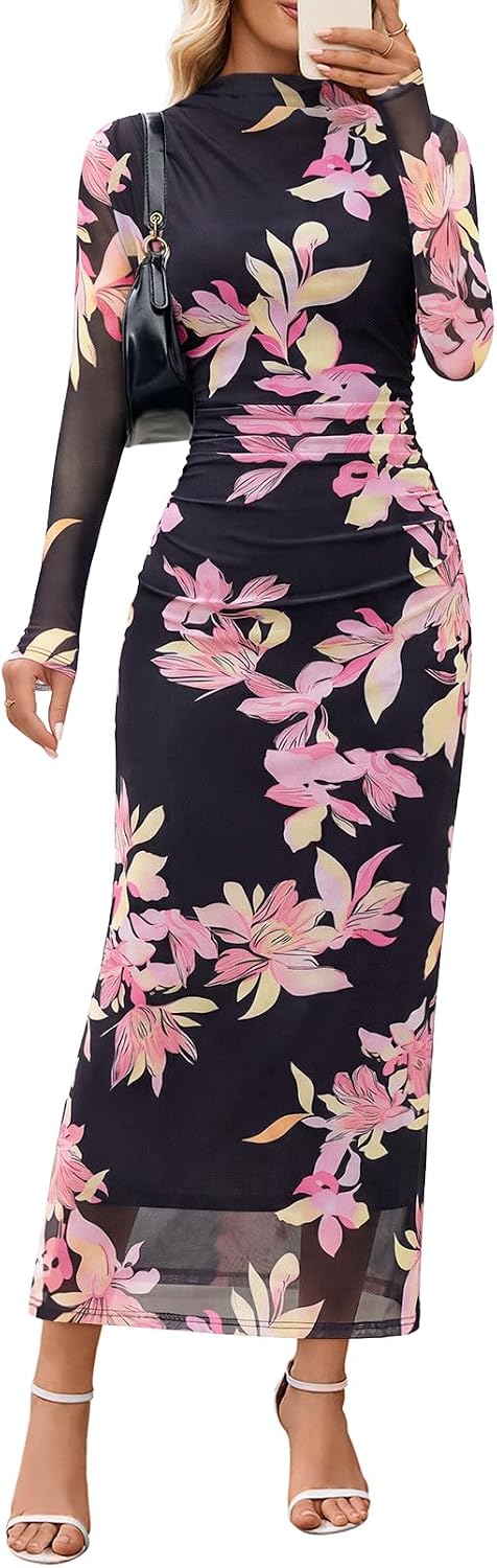 MEROKEETY Womens Fall Long Sleeve Floral Wedding Guest Maxi Dress