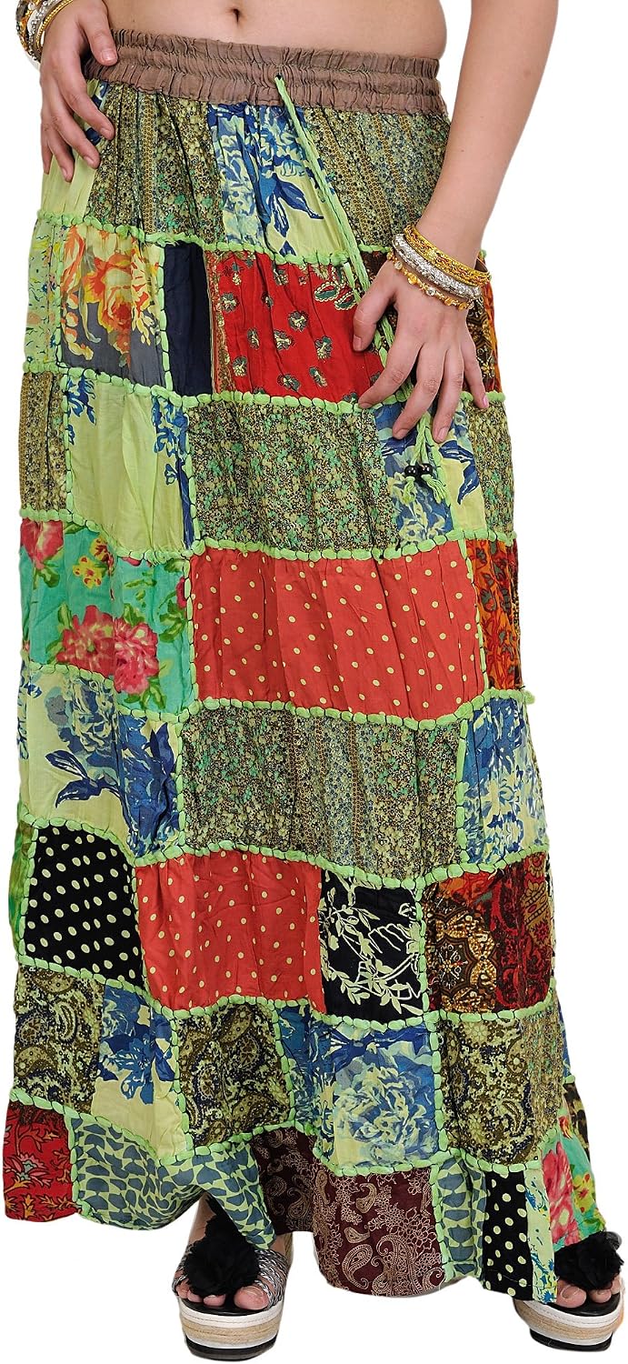 Exotic India Long Printed Dori Skirt from Gujarat with Patch Work - Rayon