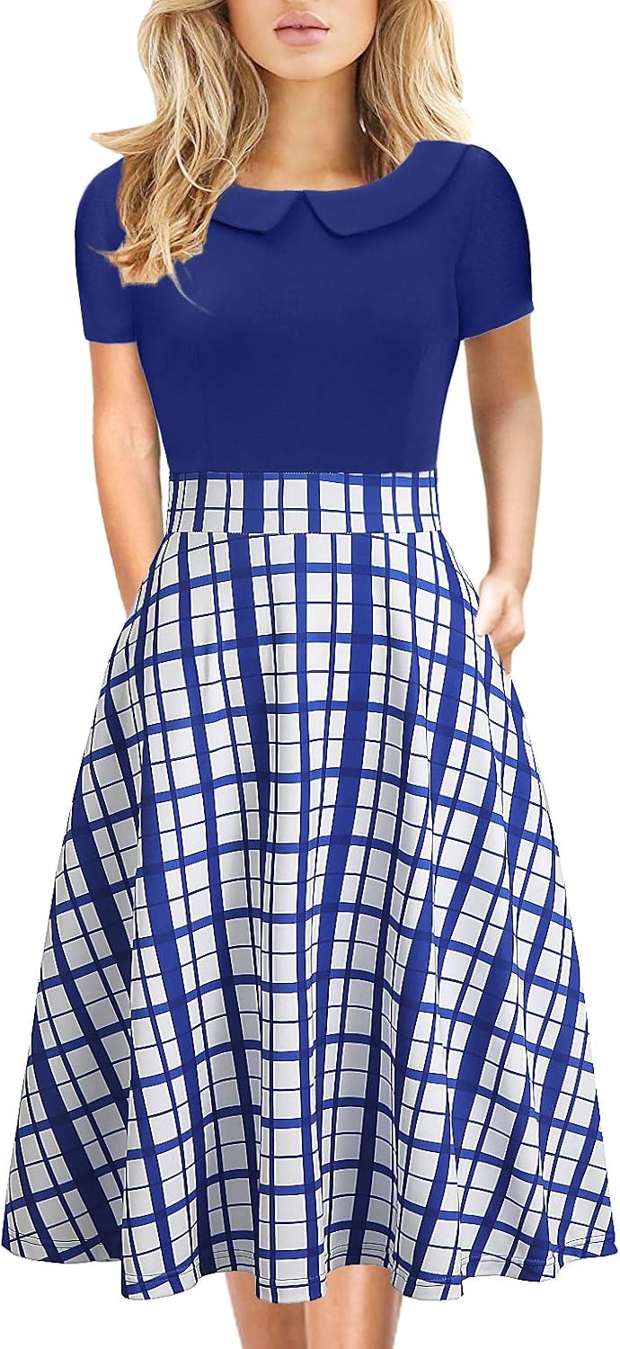 Women's Elegant Vintage Dresses Knee Length Casual Floral Print Work Party Peter Pan Collar A-Line Dress with Pockets 978