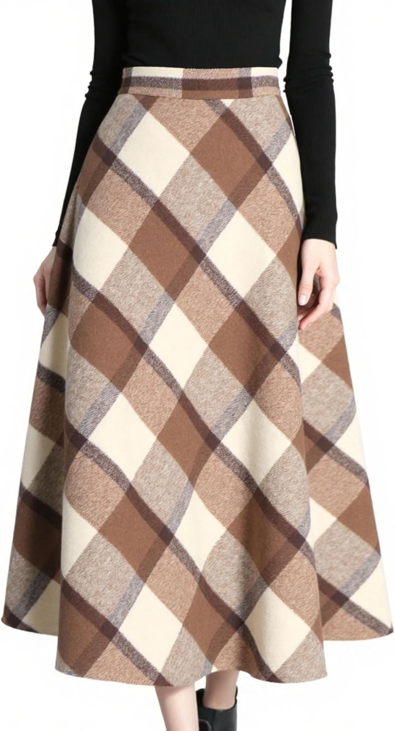 Tanming Womens Plaid Skirt Wool A‑Line Pleated Long Skirt
