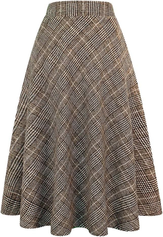 Womens Long Wool Plaid Skirt Aline High Waist Fall Winter Skirts
