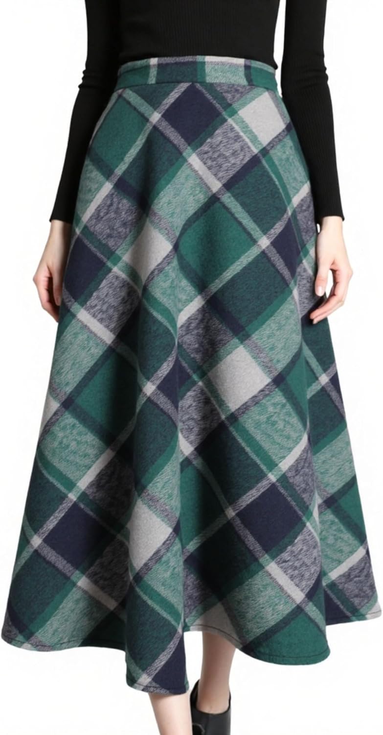 Tanming Womens Plaid Skirt Wool A‑Line Pleated Long Skirt