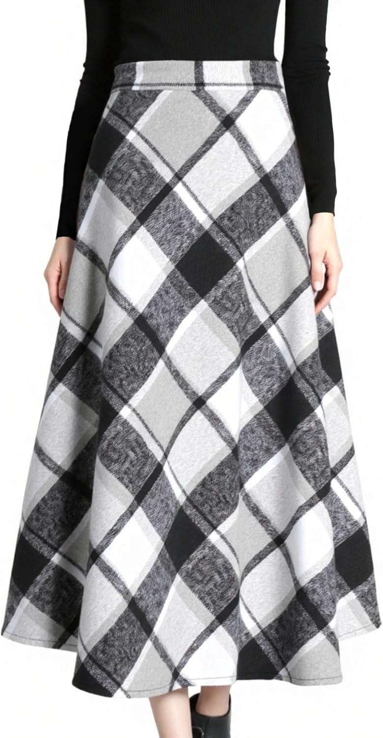 Tanming Womens Plaid Skirt Wool A‑Line Pleated Long Skirt
