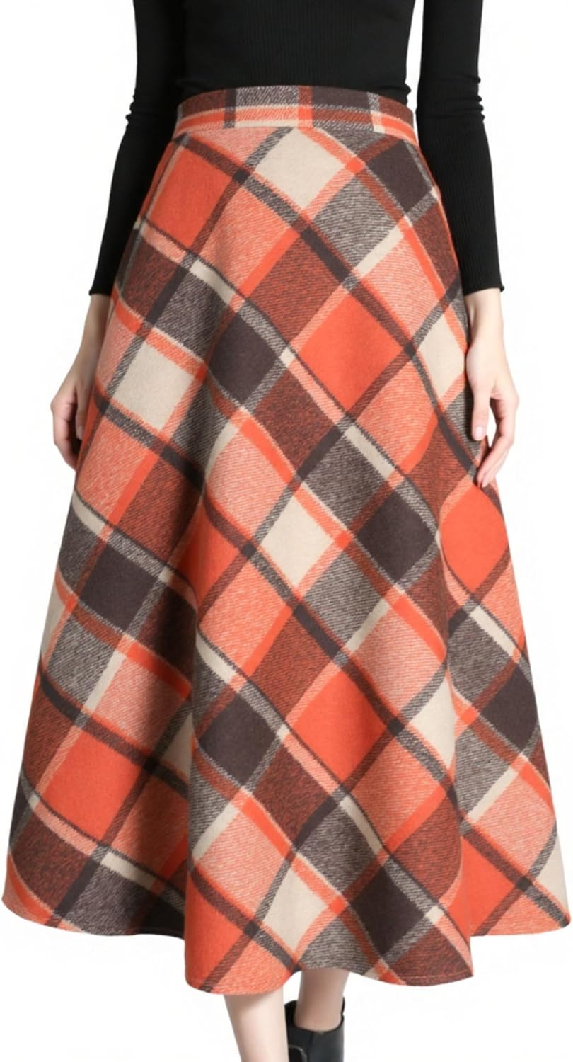 Tanming Womens Plaid Skirt Wool A‑Line Pleated Long Skirt