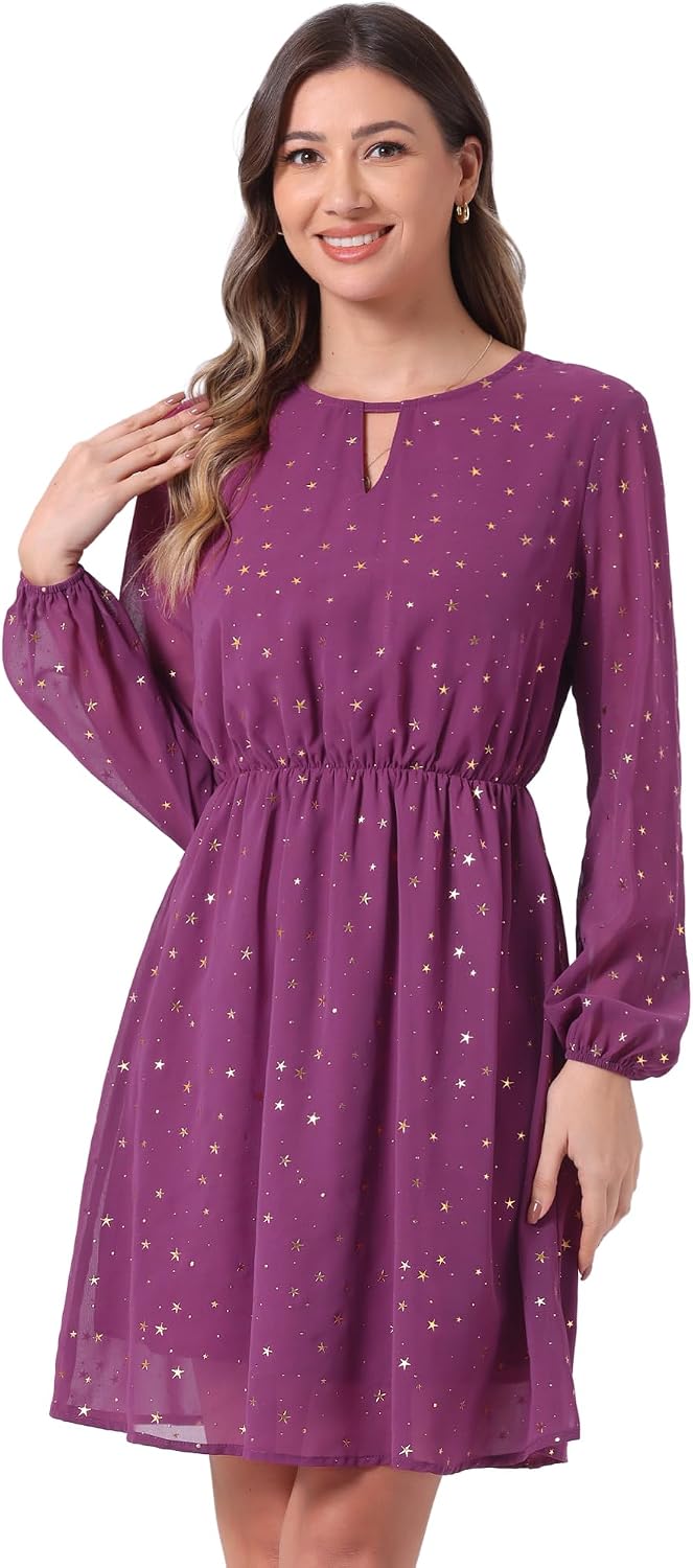 Allegra K Women Metallic Star Choker V Neck Party Flared A-Line Dress