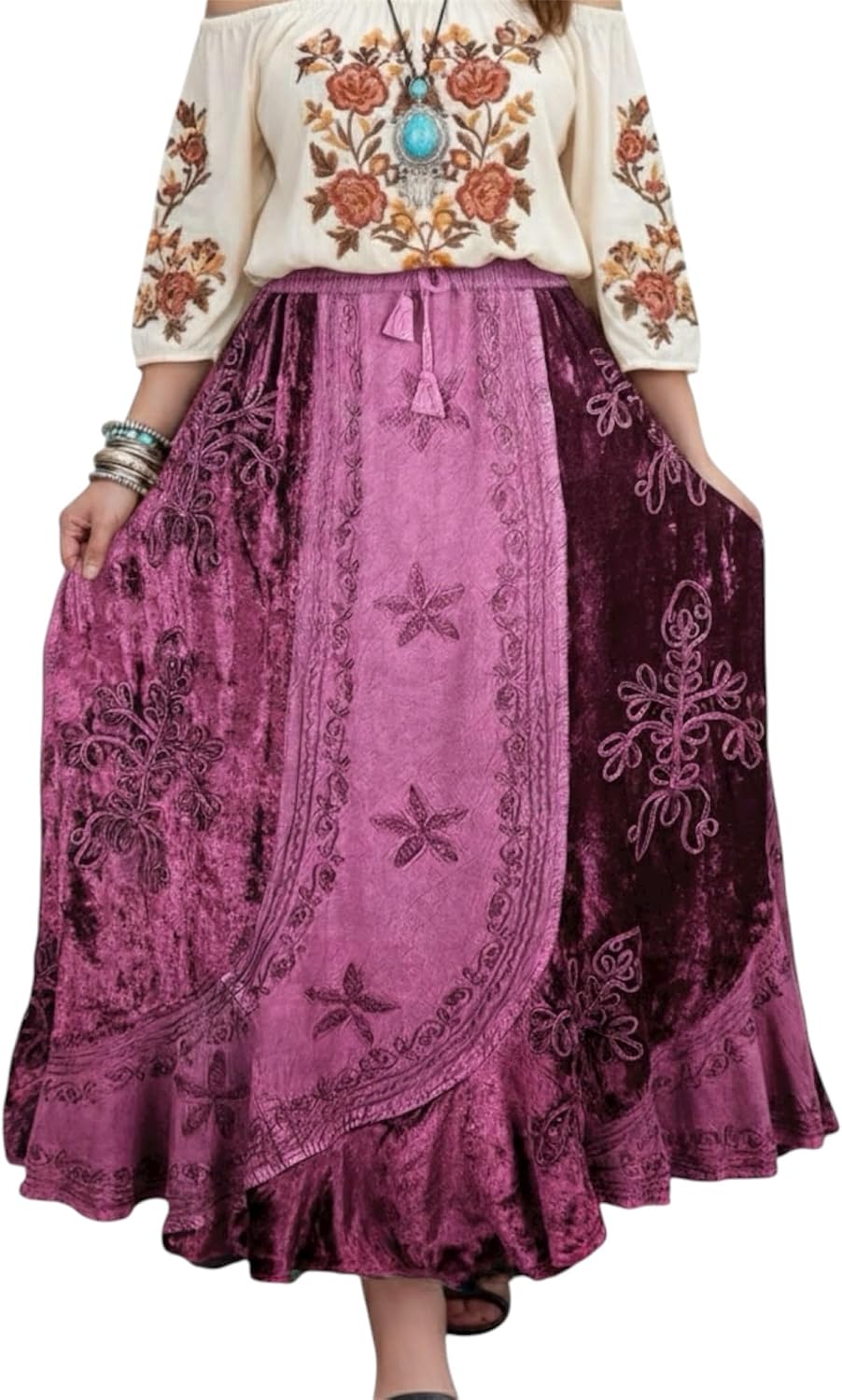 Agan Summer Long Skirts for Women, Boho Embroidered Rayon Velvet Maxi Skirt