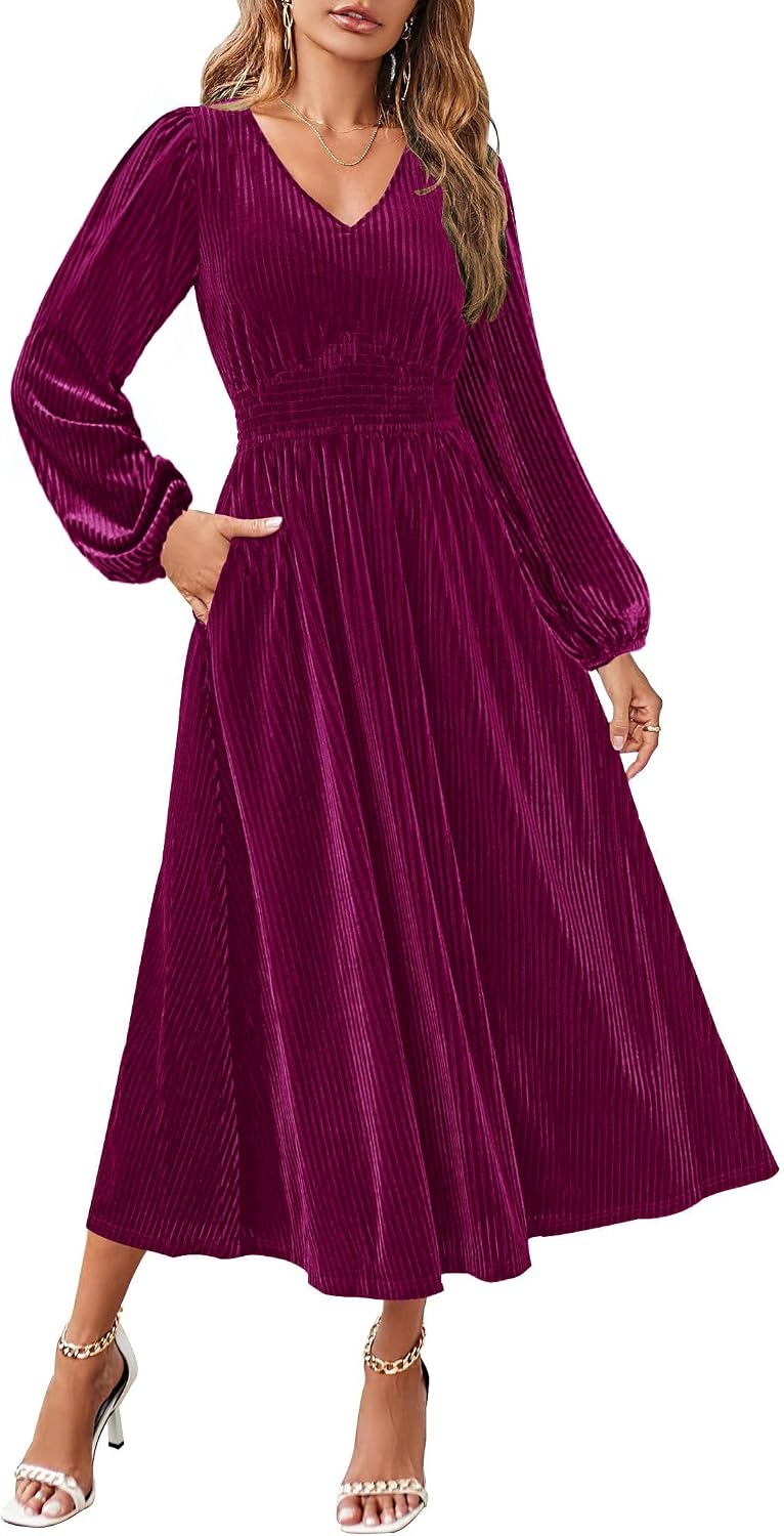 ZESICA Women's Velvet Wedding Guest Cocktail Long Sleeve Winter Dress