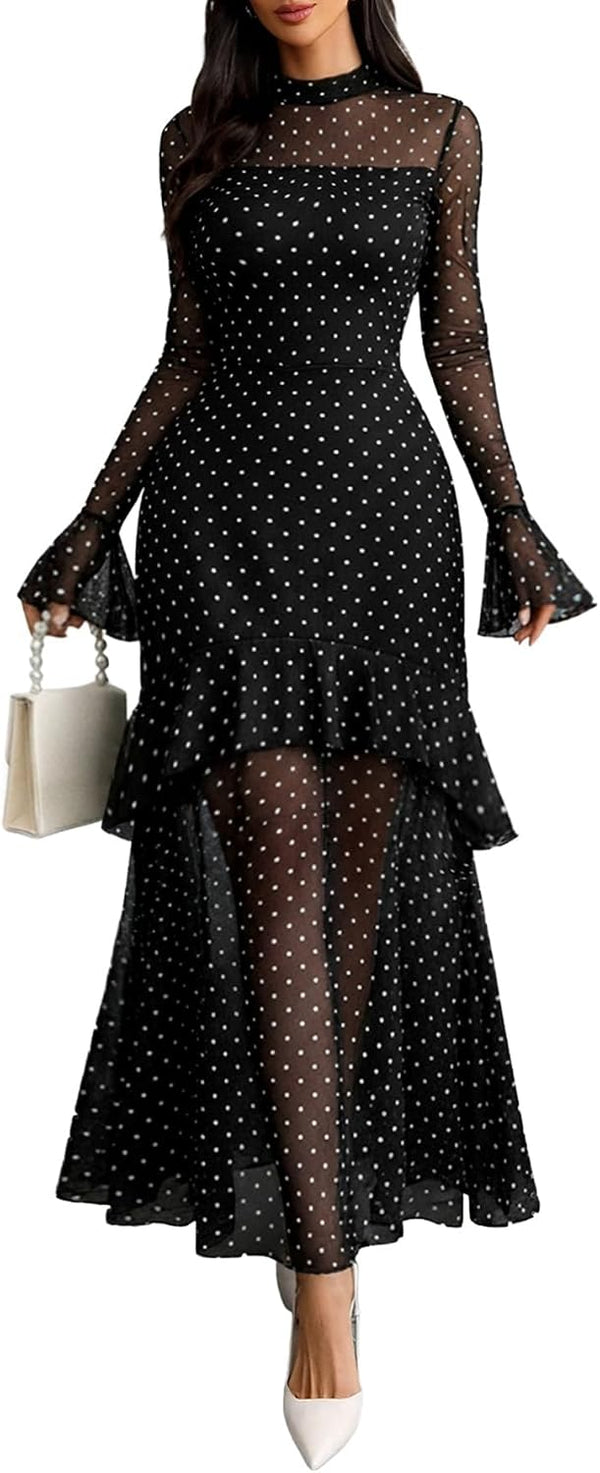 GothDark Women Floral Maxi Dress Bell Sleeve Party Wedding Guest Dresses