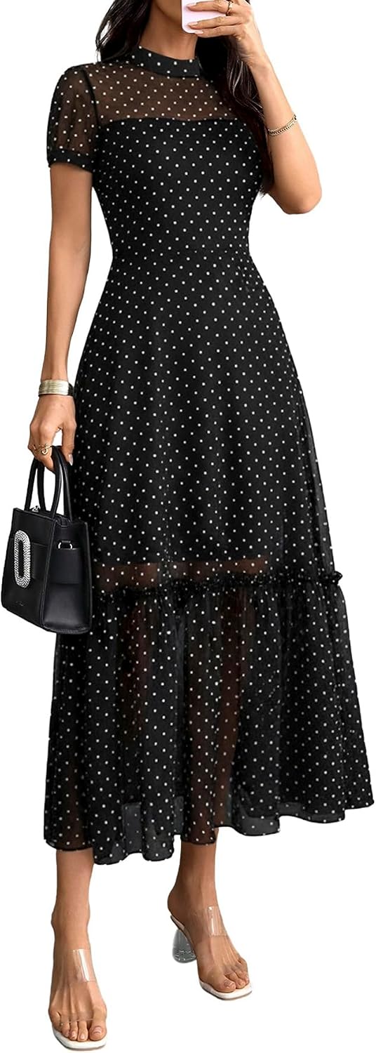 GothDark Women's Summer Floral Mesh Ruffle Casual Maxi Wedding Guest Dress
