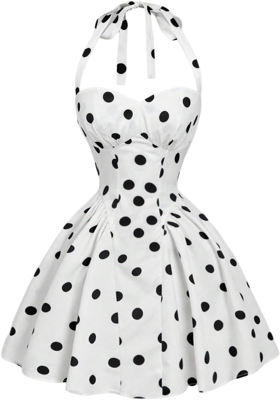 Women's Vintage 1950s Halter Neck Rockability Swing Dress Smocked Fit and Flare Sundress