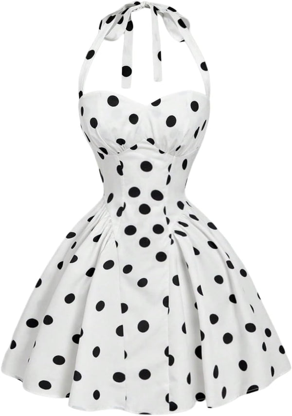 Women's Vintage 1950s Halter Neck Rockability Swing Dress Smocked Fit and Flare Sundress