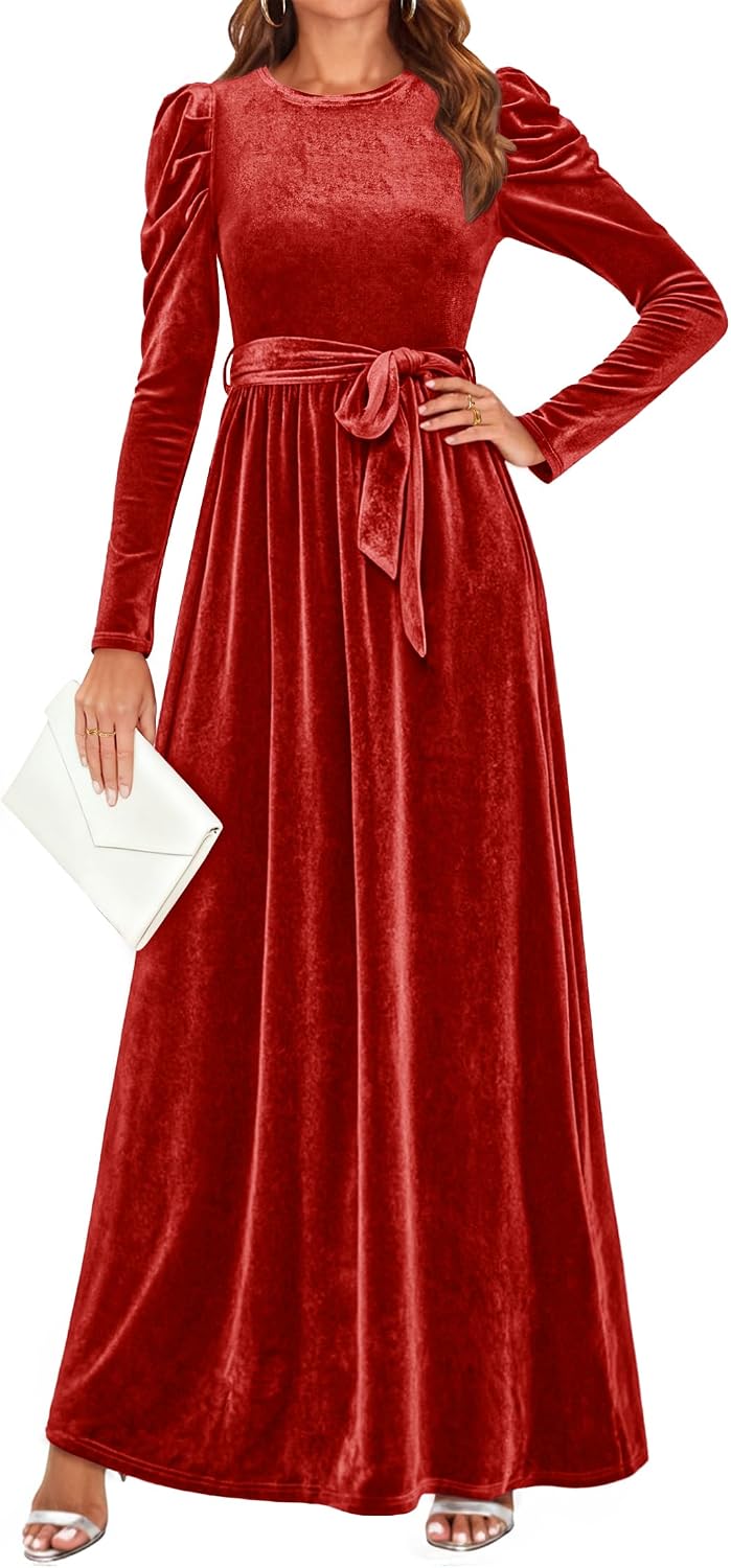 ZESICA Womens Winter Velvet Long Puff Sleeve Maxi Dress