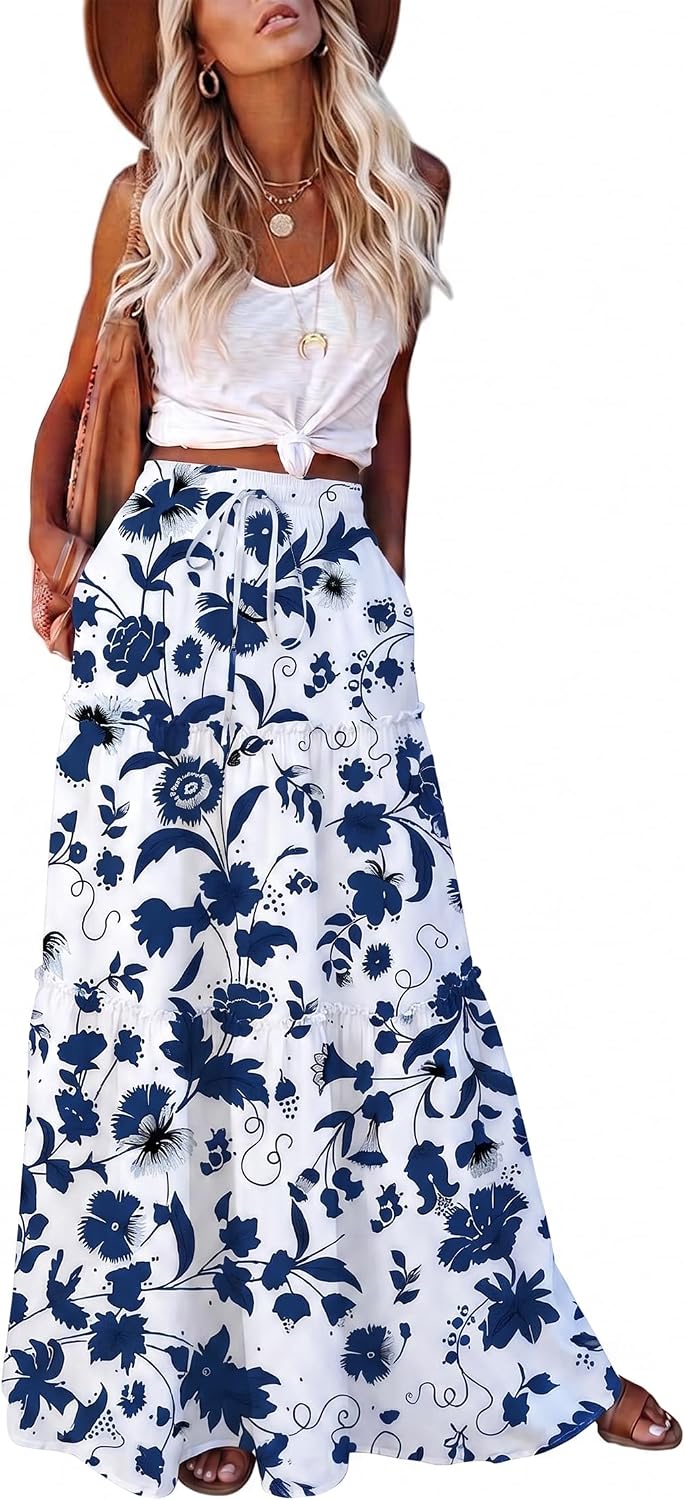 EARKOHA Womens Boho Maxi Skirt 2026 Summer Cruise Casual High Waist Tie Flowy Long Skirt with Pockets For Beach Vacation