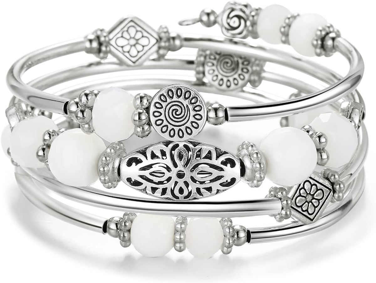 Stackable Beaded Bracelets for Women Boho Wrap Silver Bracelet Layered Fashion Jewelry Gifts for Her