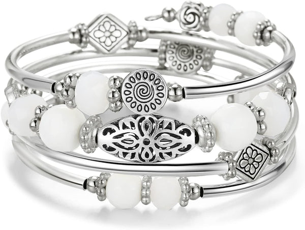 Stackable Beaded Bracelets for Women Boho Wrap Silver Bracelet Layered Fashion Jewelry Gifts for Her