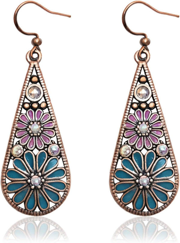 Olive Green Crystal Teardrop Floral Boho Earrings