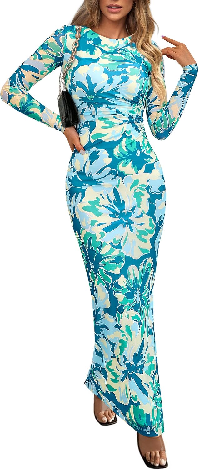 PRETTYGARDEN Women's Floral Bodycon Maxi Fall Dress