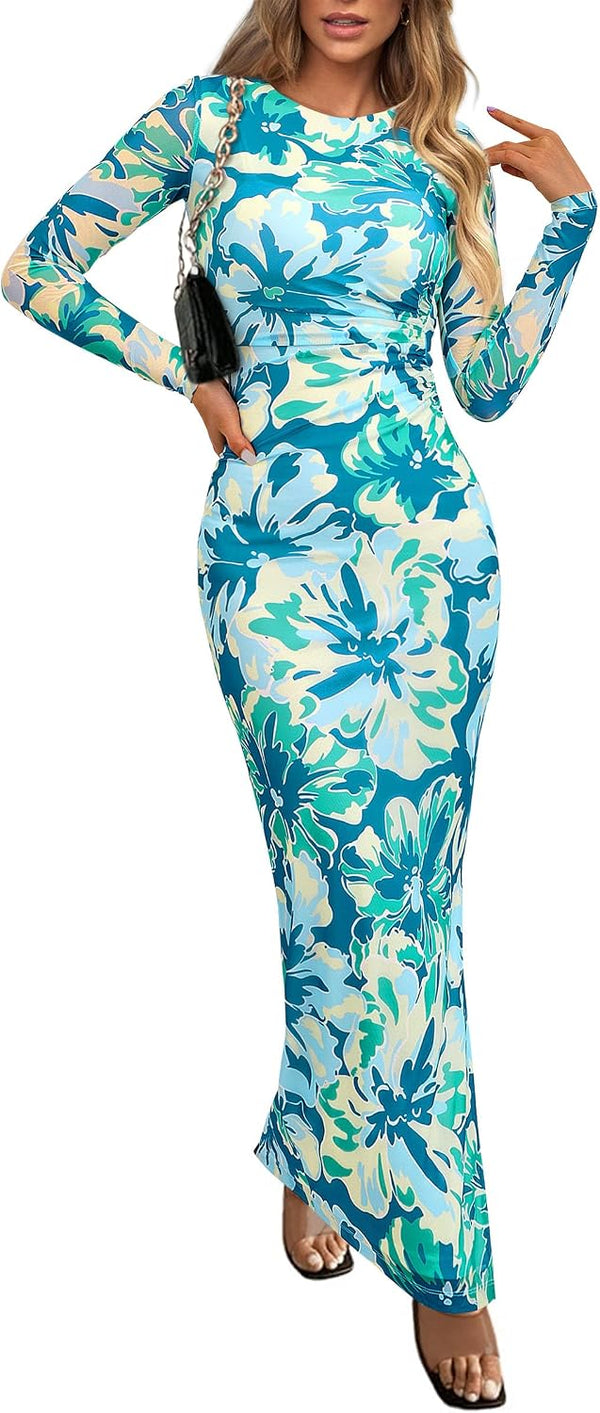 PRETTYGARDEN Women's Floral Bodycon Maxi Fall Dress