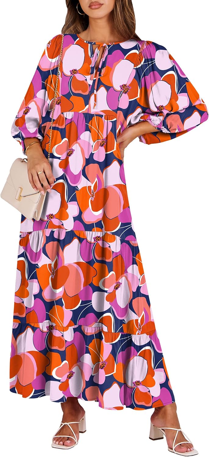 ANRABESS Womens Boho Floral 3/4 Puff Sleeve Maxi Dress