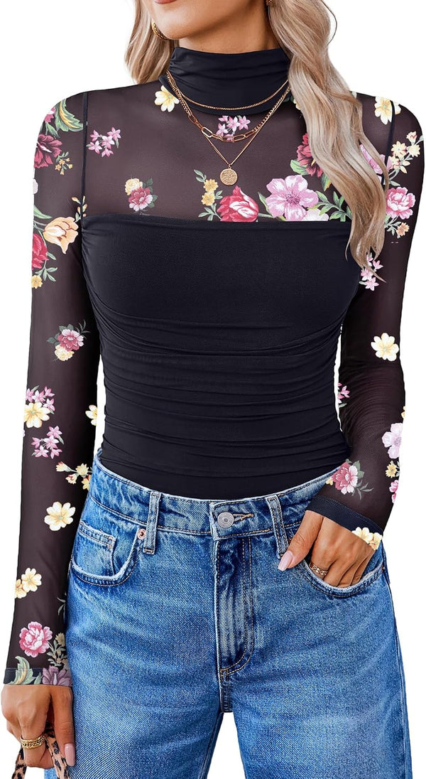 Avidlove Women Long Sleeve Bodysuit Turtle Neck Shapewear Body Suits Mesh One Piece Leotard Shirt Going Out Tops Fall Outfits