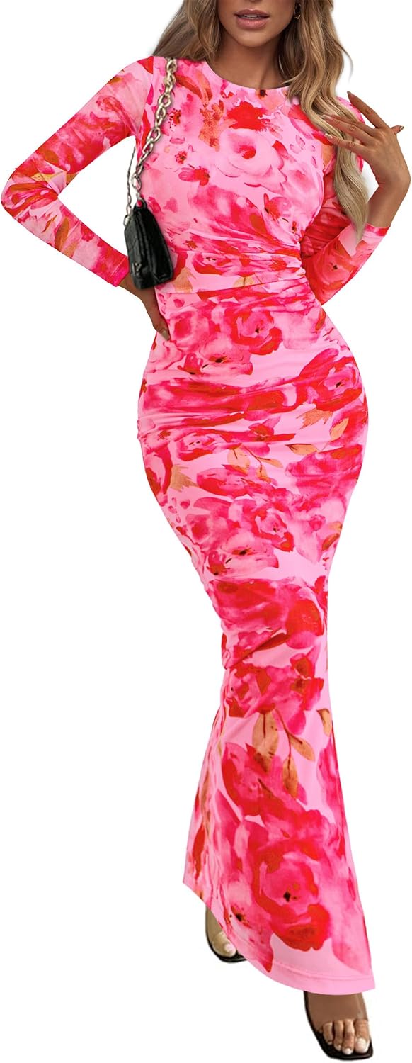 PRETTYGARDEN Women's Floral Bodycon Maxi Fall Dress