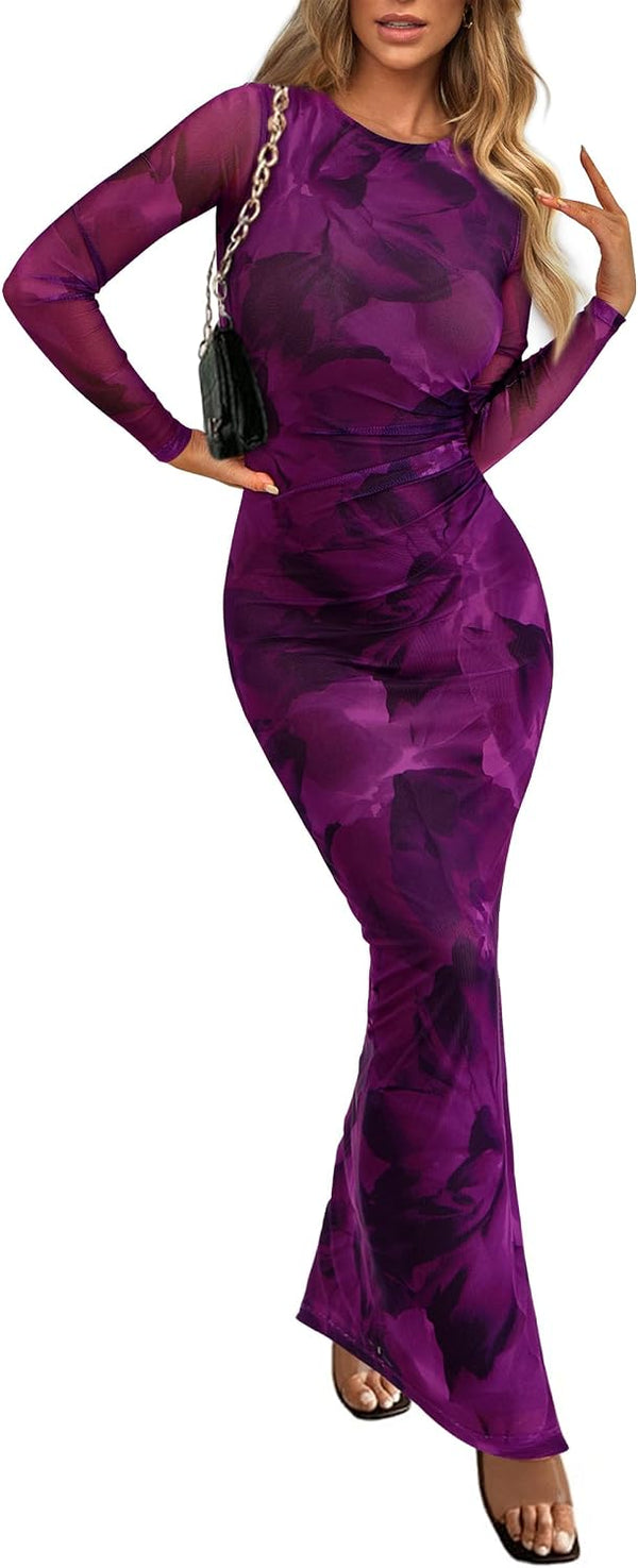 PRETTYGARDEN Women's Floral Bodycon Maxi Fall Dress