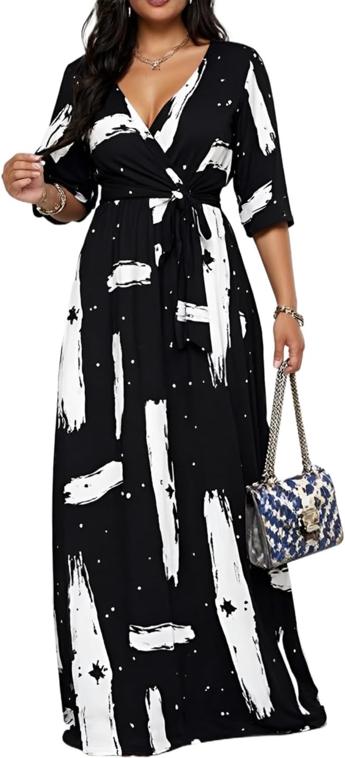 CaniBtr Maxi Dresses for Women Plus Size 3/4 Sleeve Long Dress with Belt