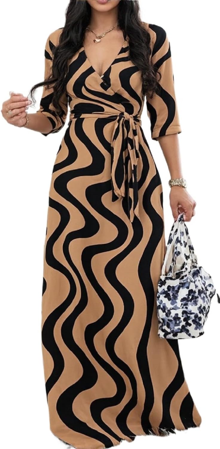 CaniBtr Maxi Dresses for Women Plus Size 3/4 Sleeve Long Dress with Belt
