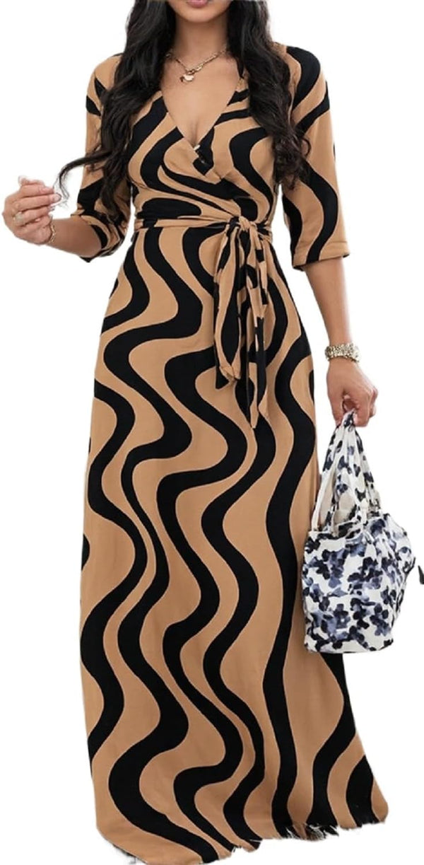 CaniBtr Maxi Dresses for Women Plus Size 3/4 Sleeve Long Dress with Belt