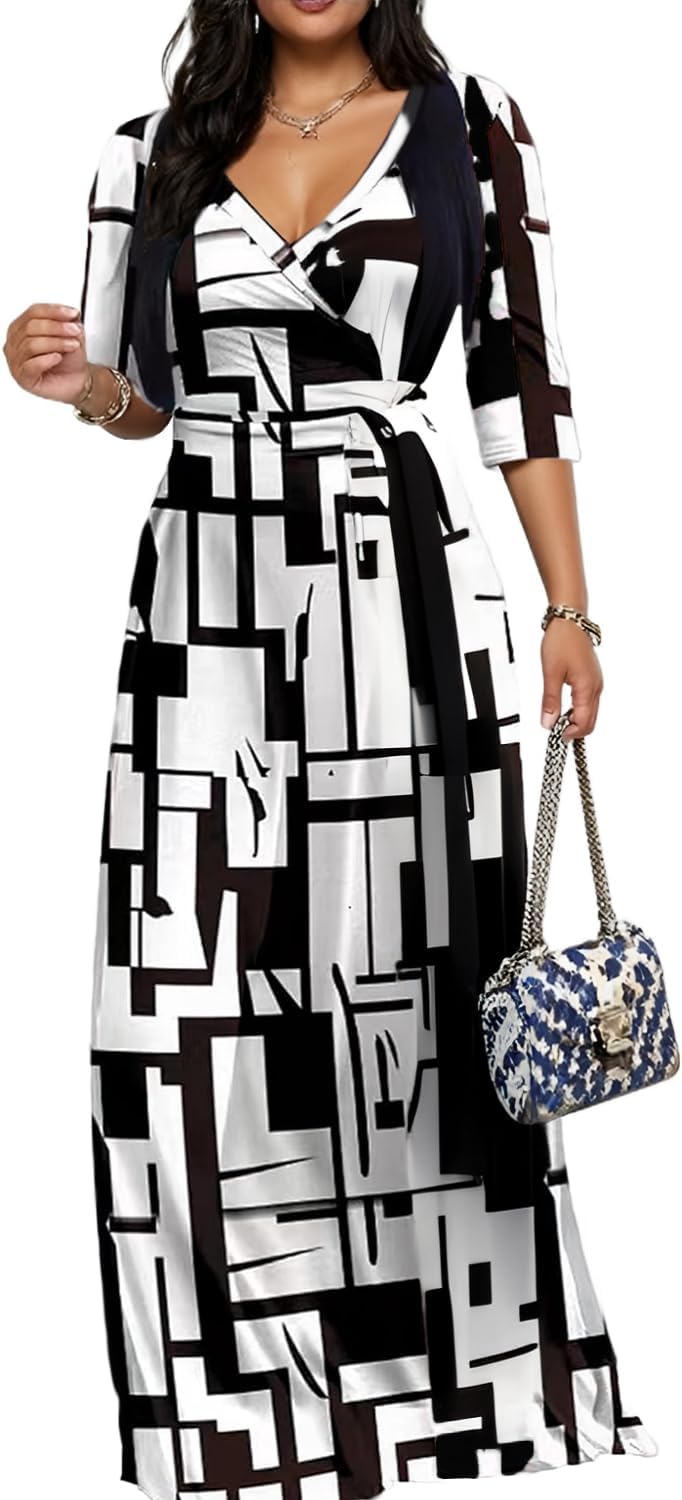 CaniBtr Maxi Dresses for Women Plus Size 3/4 Sleeve Long Dress with Belt