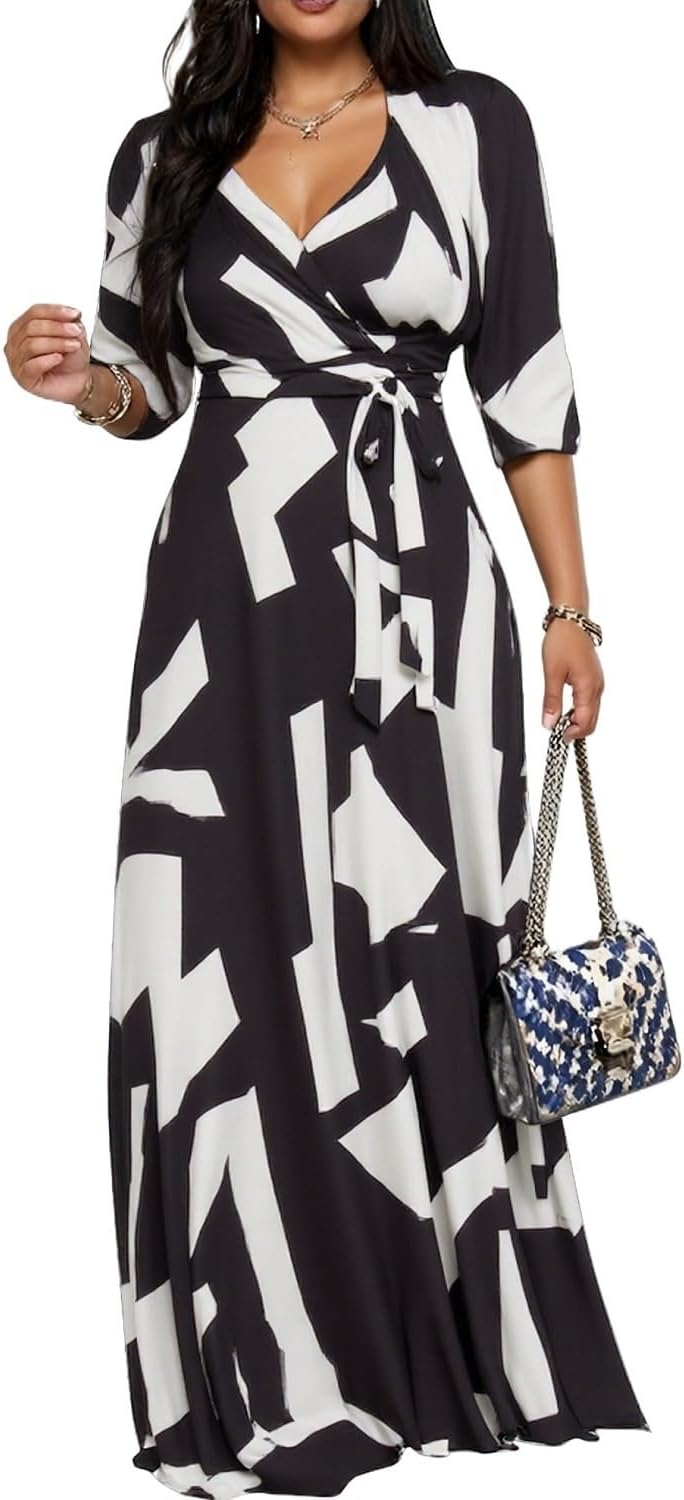 CaniBtr Maxi Dresses for Women Plus Size 3/4 Sleeve Long Dress with Belt