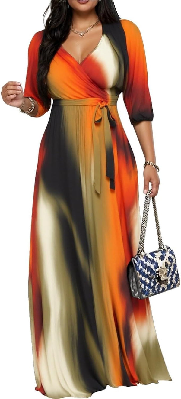 CaniBtr Maxi Dresses for Women Plus Size 3/4 Sleeve Long Dress with Belt