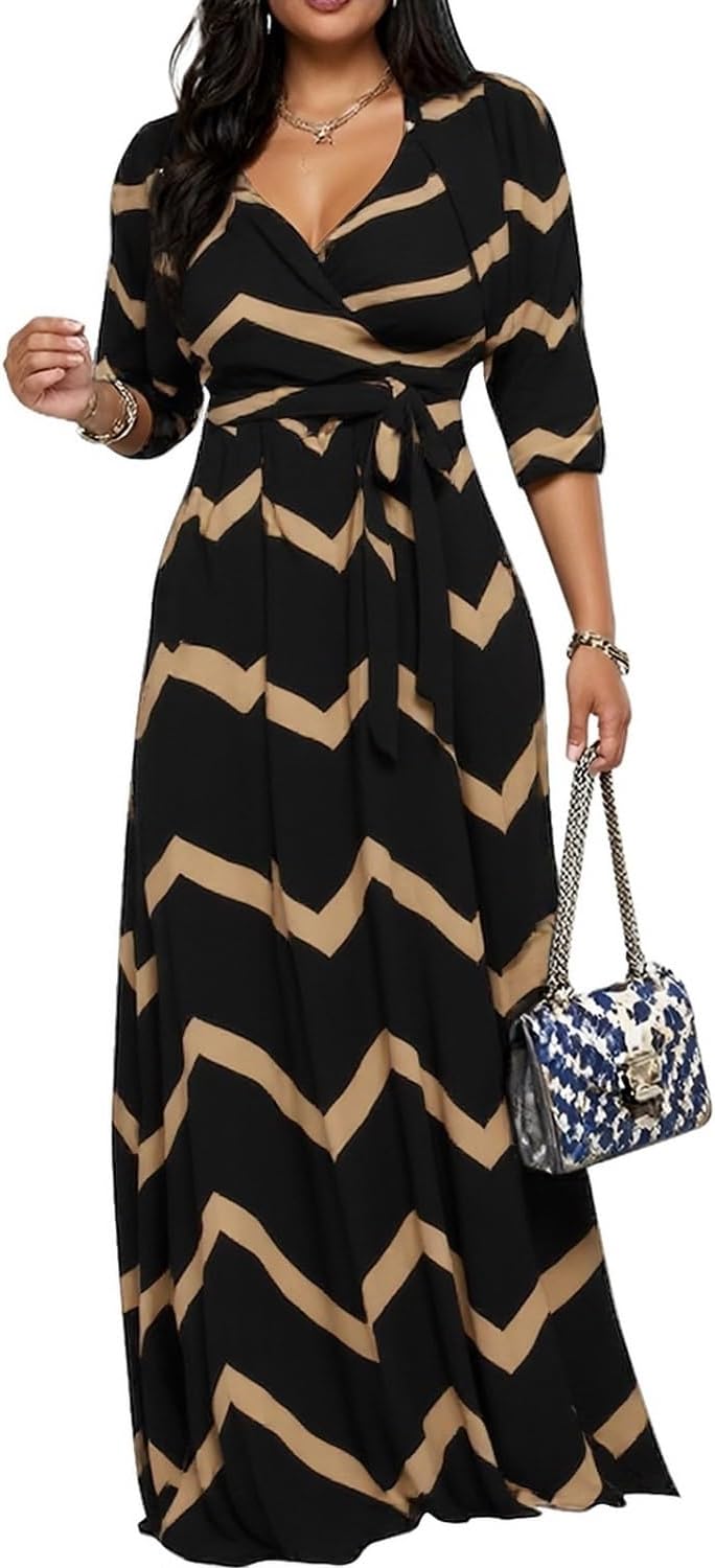 CaniBtr Maxi Dresses for Women Plus Size 3/4 Sleeve Long Dress with Belt
