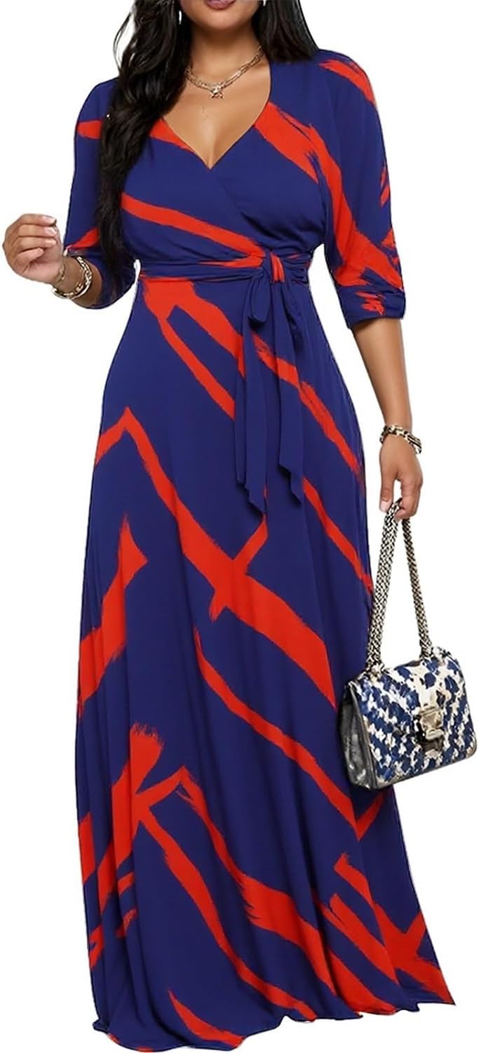 CaniBtr Maxi Dresses for Women Plus Size 3/4 Sleeve Long Dress with Belt