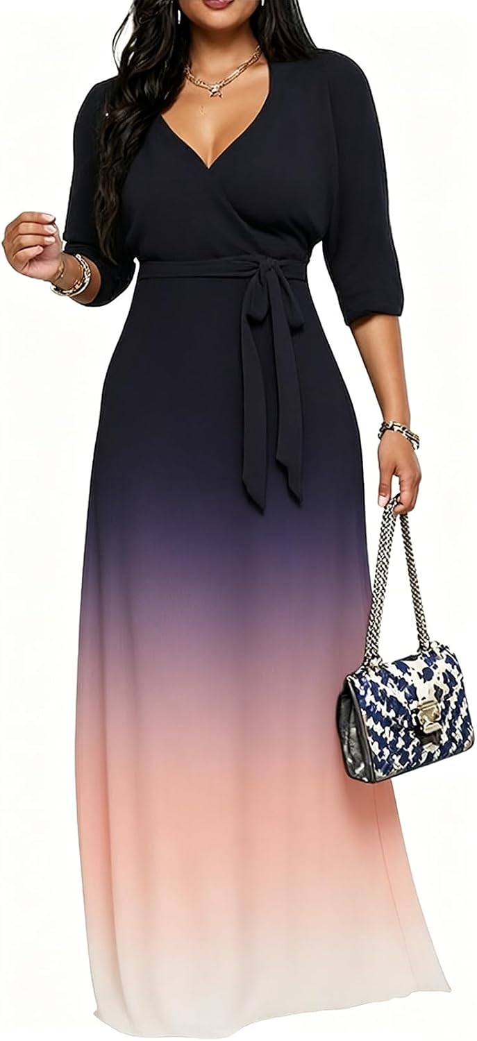 CaniBtr Maxi Dresses for Women Plus Size 3/4 Sleeve Long Dress with Belt