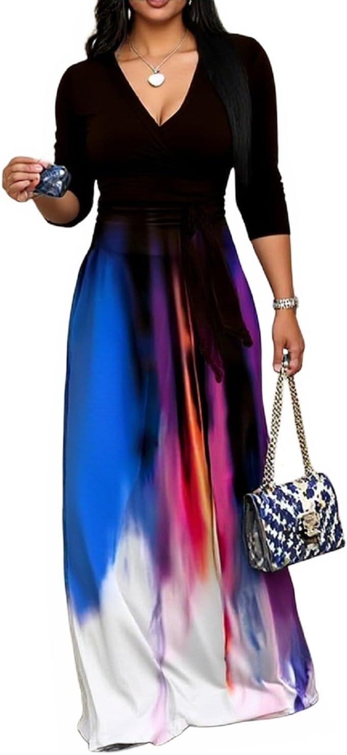 CaniBtr Maxi Dresses for Women Plus Size 3/4 Sleeve Long Dress with Belt