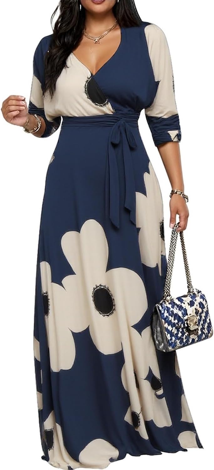 CaniBtr Maxi Dresses for Women Plus Size 3/4 Sleeve Long Dress with Belt